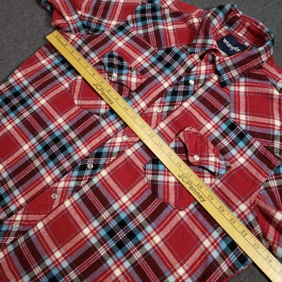 Wrangler Flannel Shirt Mens Large Red Blue Plaid Vintage Pearl Snap Button Up‎ - Picture 4 of 6